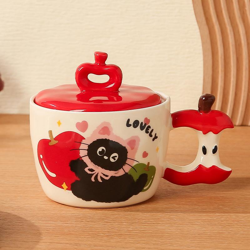 

Керамическая кружка Apple для девочек, креативная кружка с кошкой и крышкой, высококачественная чашка для завтрака, сувенирная чашка для воды, для пары 301-400ml