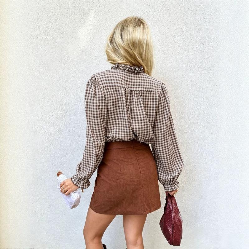 Women S Short Sleeve Plaid Ruffle Collar Blouse Top