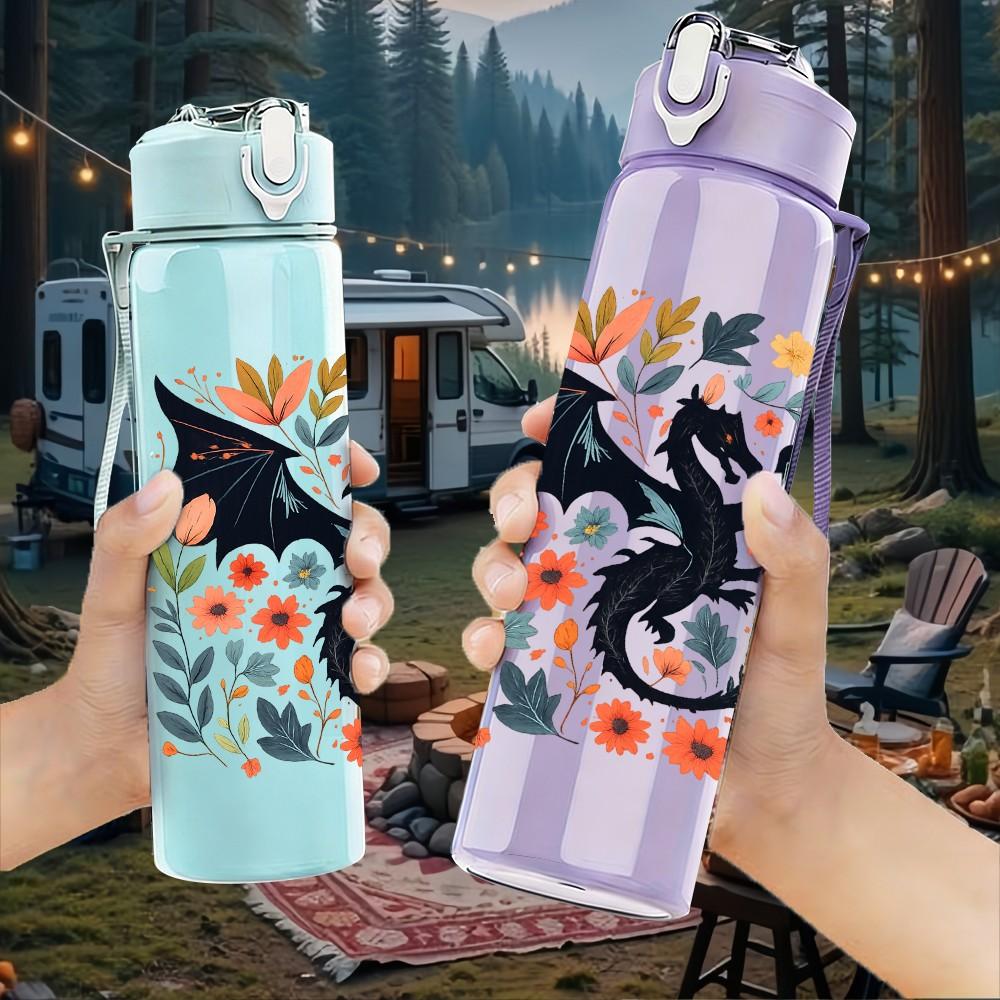 1PC Floral Dragon Dark Art Print 750ml Color Plastic Sports Water Bottle Leakproof Flip Straw Lid Suitable for Sports Office Home Use