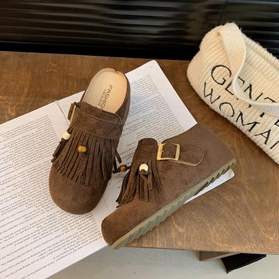 7CM Women Mules Shoes Flats Suede Women's Sandals Fringes Summer Slippers Walking Dress Cozy