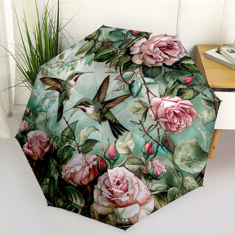 Retro Hummingbird Folding Umbrella Fashion Auto-Open Design 8 Iron Ribs Plastic Handle Foldable Sunshade Perfect Christmas Gifts