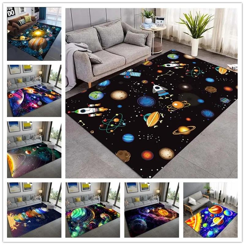 Cartoon Cute Space Pattern Carpet Universe Planet Print Floor Mat For Living Room Non-slip Washable Bedroom Area Rug Home Decor