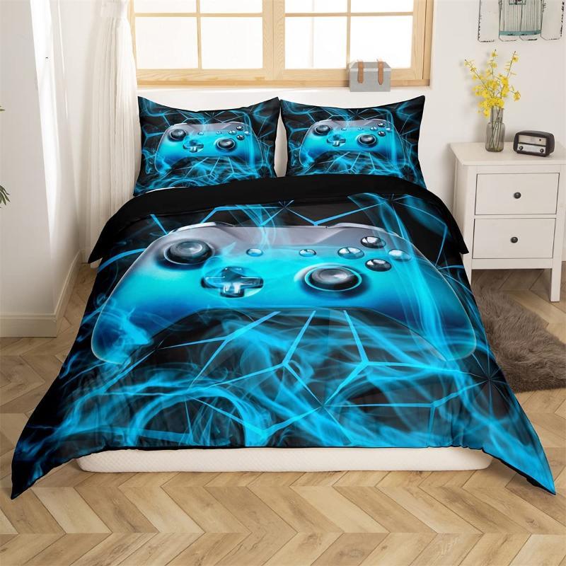 Gaming Duvet Cover Set King Red Honeycomb Printed Bedding Set Polyester Game Red And Black Novelty Gamepad Joysticks Quilt Cover