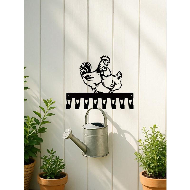 Hand Forged Iron Rooster and Hen Key Holder Wall Decor 8 Hooks Farmhouse Entryway Rustic Chicken Wall Art Animal Lover Gift Vintage Country Home