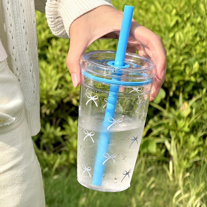 Single Layer Transparent Plastic Water Bottle With Straw Simple Bow Print Water Cup Office Coffee Mug Matcha Milk Tea Ice Cup
