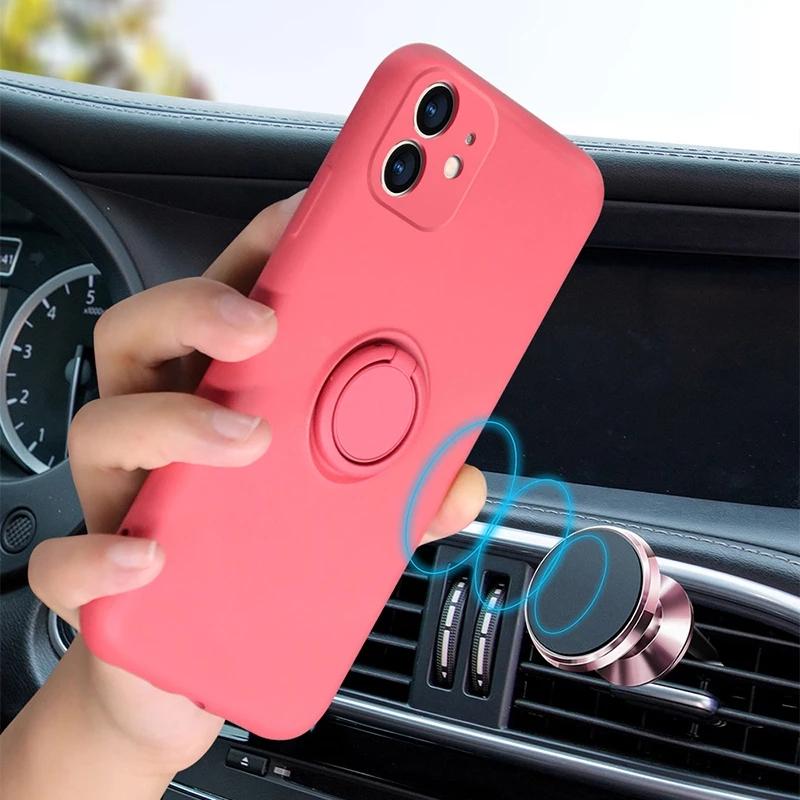 For iPhone 17 Pro Max Luxury Ring Holder Magnetic Liquid Silicone Frame Phone Cover For iPhone Air 16 15 14 13 12 11 Strap Case