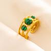 Green Striped Stone Vintage Gold Color Stainless Steel Open Adjustable Rings For Women Men Accessories Finger Jewelry Sun Flower