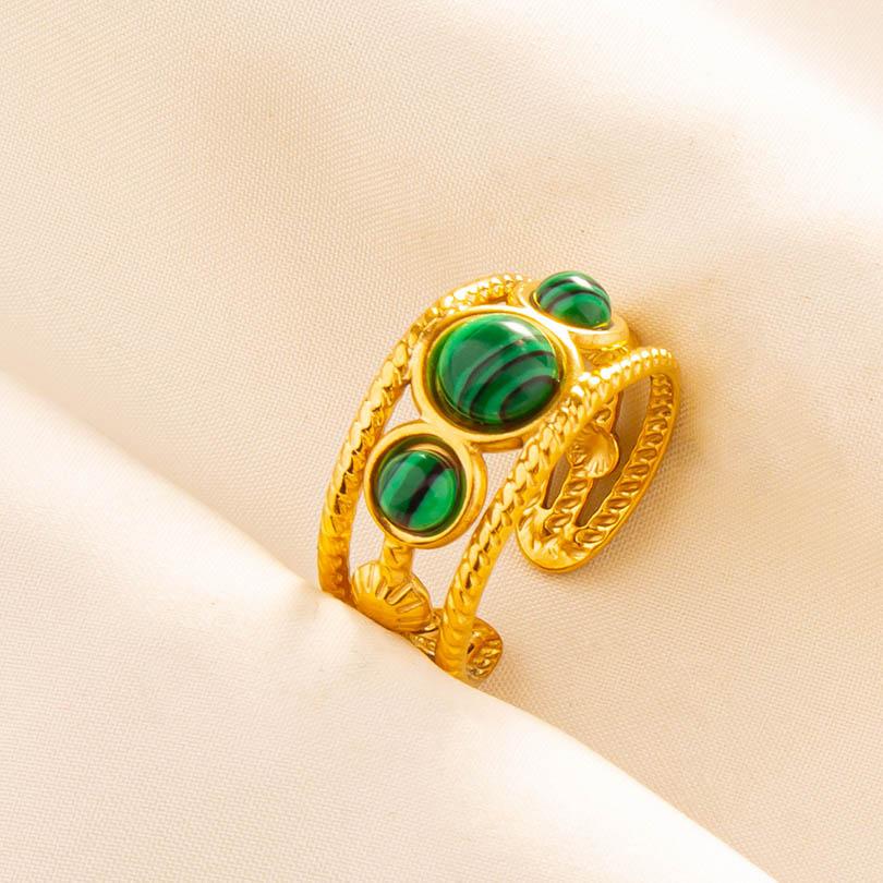 Green Striped Stone Vintage Gold Color Stainless Steel Open Adjustable Rings For Women Men Accessories Finger Jewelry Sun Flower