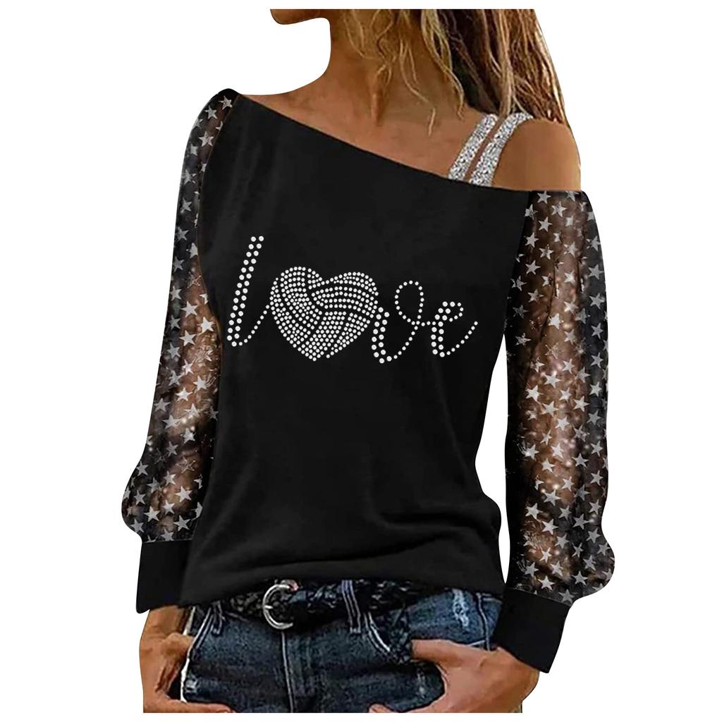 Fashion Women Sexy Mesh Stitching Leaky Shoulder Top Casual Loose Pullover Long Sleeve Tops