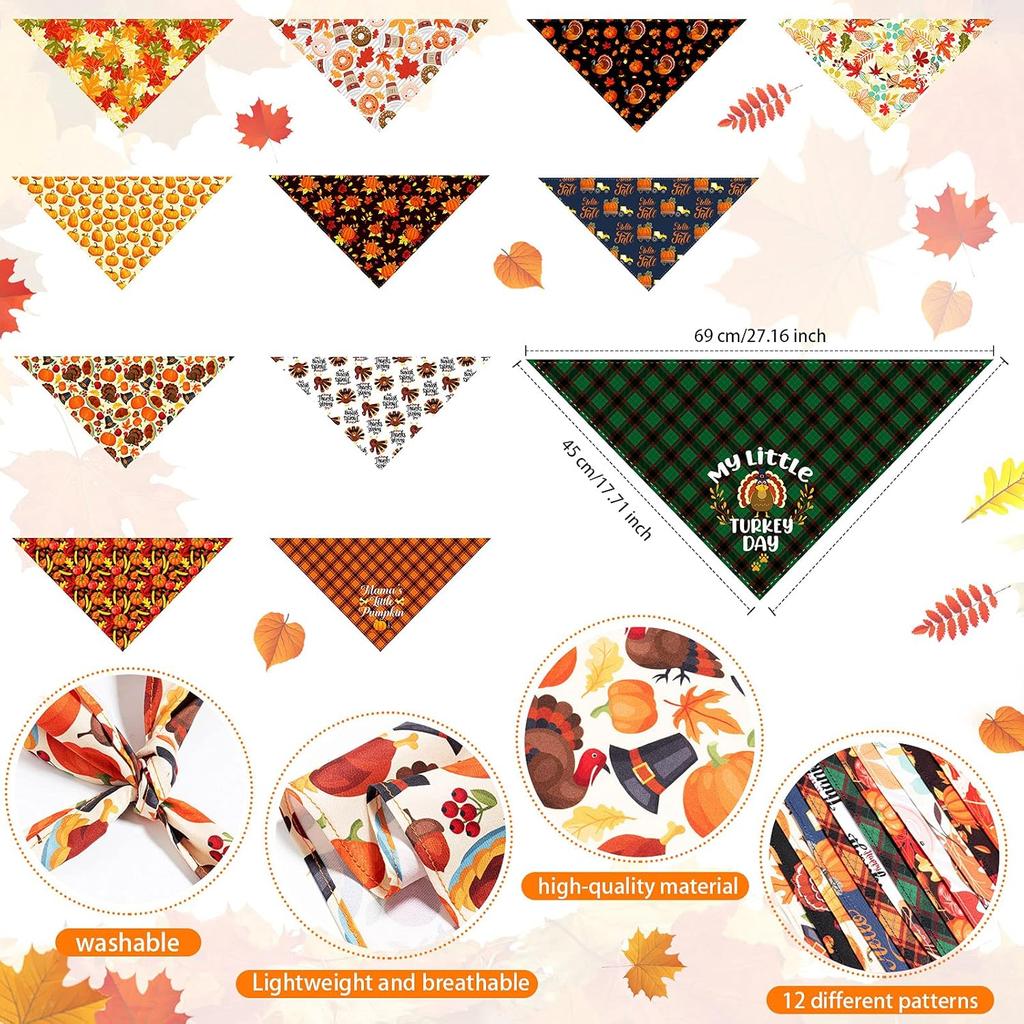 Xuniea 12 Pieces Fall Dog Bandanas Thanksgiving Day Bandanas for Dogs Maple Leaf Pumpkin Patterned Autumn Pet Triangle Kerchief Scarf Bibs for Small