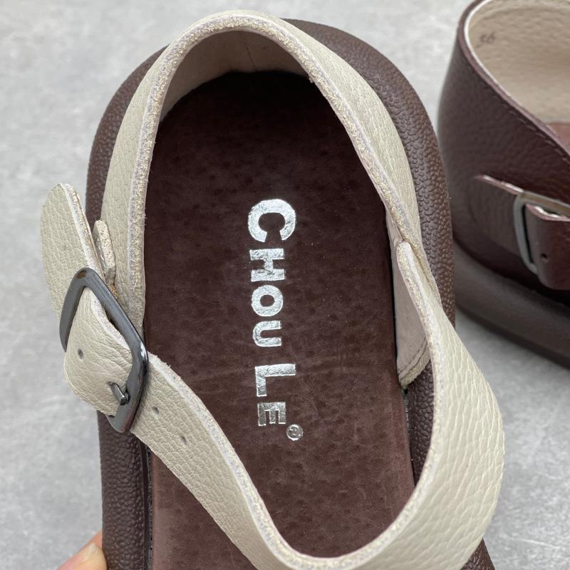 Johnature Soft Cowhide Woven Round Toe Flat Sandals Soft Sole Comfortable Genuine Leather Women's Shoes