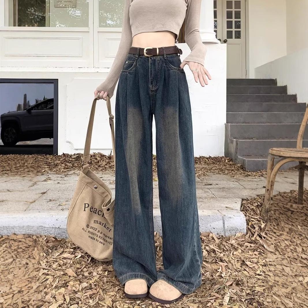 

Vintage Blue High-Waist Women s Wide-Leg Jeans - Korean Style Straight-Leg Trousers XL
