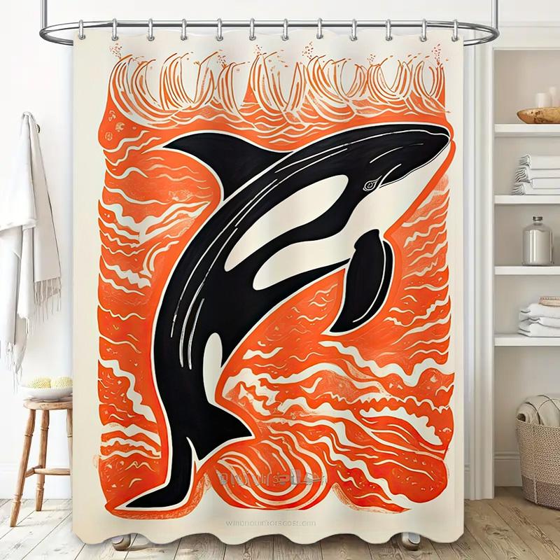 Vibrant Whale Print Shower Curtain Modern Bathroom Decor in Orange Black Pattern for Home Bath Accessories 72 x 84 In