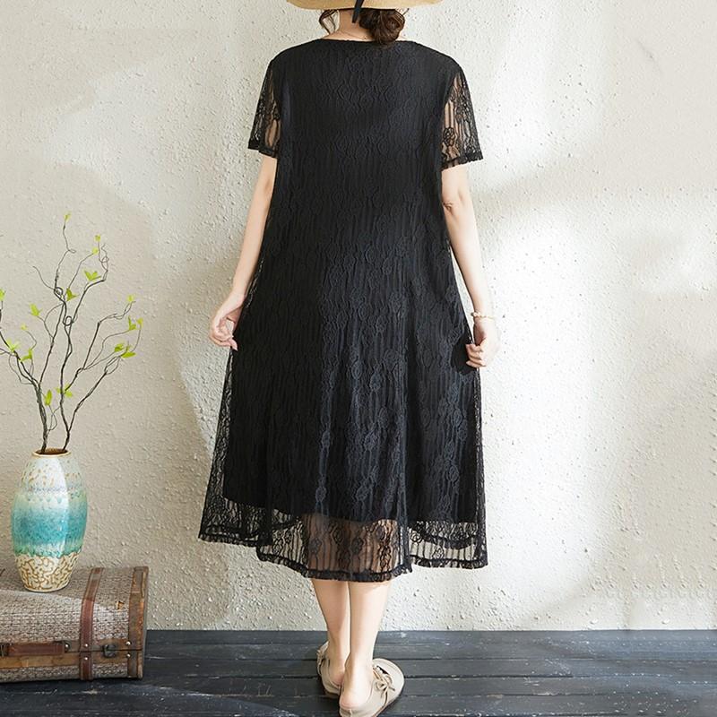 Korte mouw Grote maten kant vintage bloemen nieuw in jurken voor dames casual los lang zomerjurk