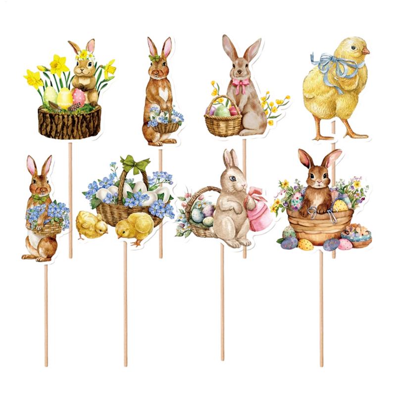 8pcs Easter Cake Inserts Deco Cake Tag Bunny Easter Holiday Party Cake Decoration Insert Card for Easter Party Food Decorations