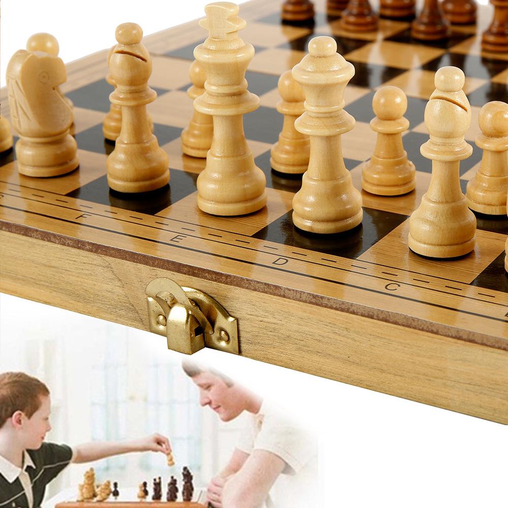 Wooden Chess Set Folding Chess Board Game Set Portable Travel Chess Checkers Suit Beginner Chess Set Educational Toy for Kids