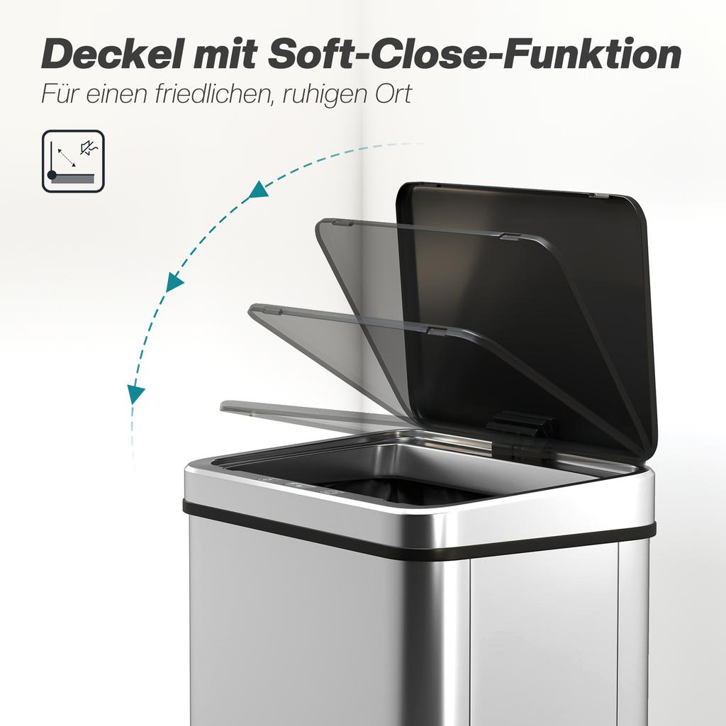 Sensor Trash Can 50L Stainless Steel Automatic Trash Can with Soft-Close Lid Motion Sensor 35.5 X 26 X 67 Cm Silver