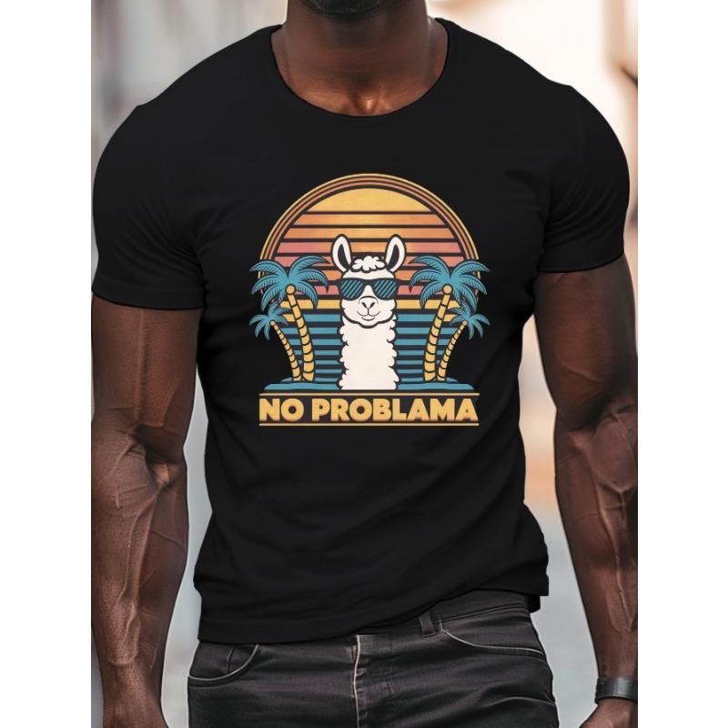 European Size Men'S Casual Llama Print T-Shirt, Cotton Knit Fabric, Stretchy Lightweight Top with Geometric Pattern for Round Neck Short Sleeve Tee