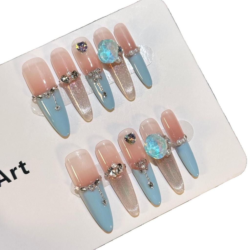 High-End Blue French Color Block Aurora Cat Eye Candy Blue Diamond Handmade Press-On Nails