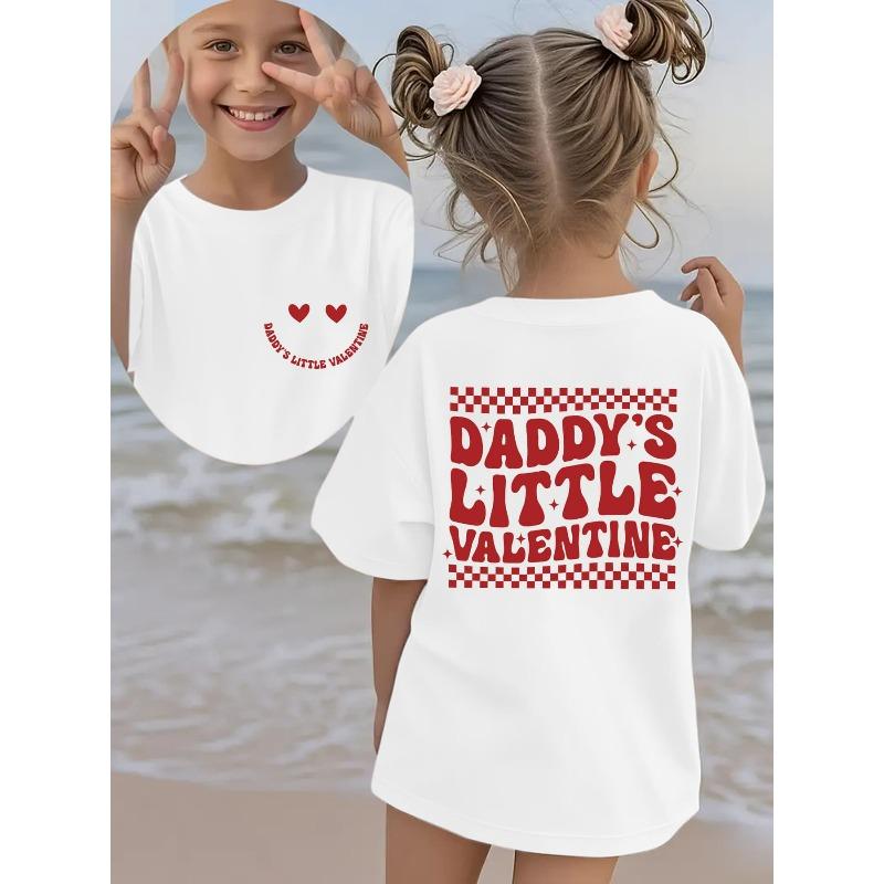 Mărimi europene Fete Modă de vară Tricou cu mânecă scurtă DADDYS LITTLE VALENTINE Imprimeu desen animat carouri și ochi de inimă Gât rotund casual