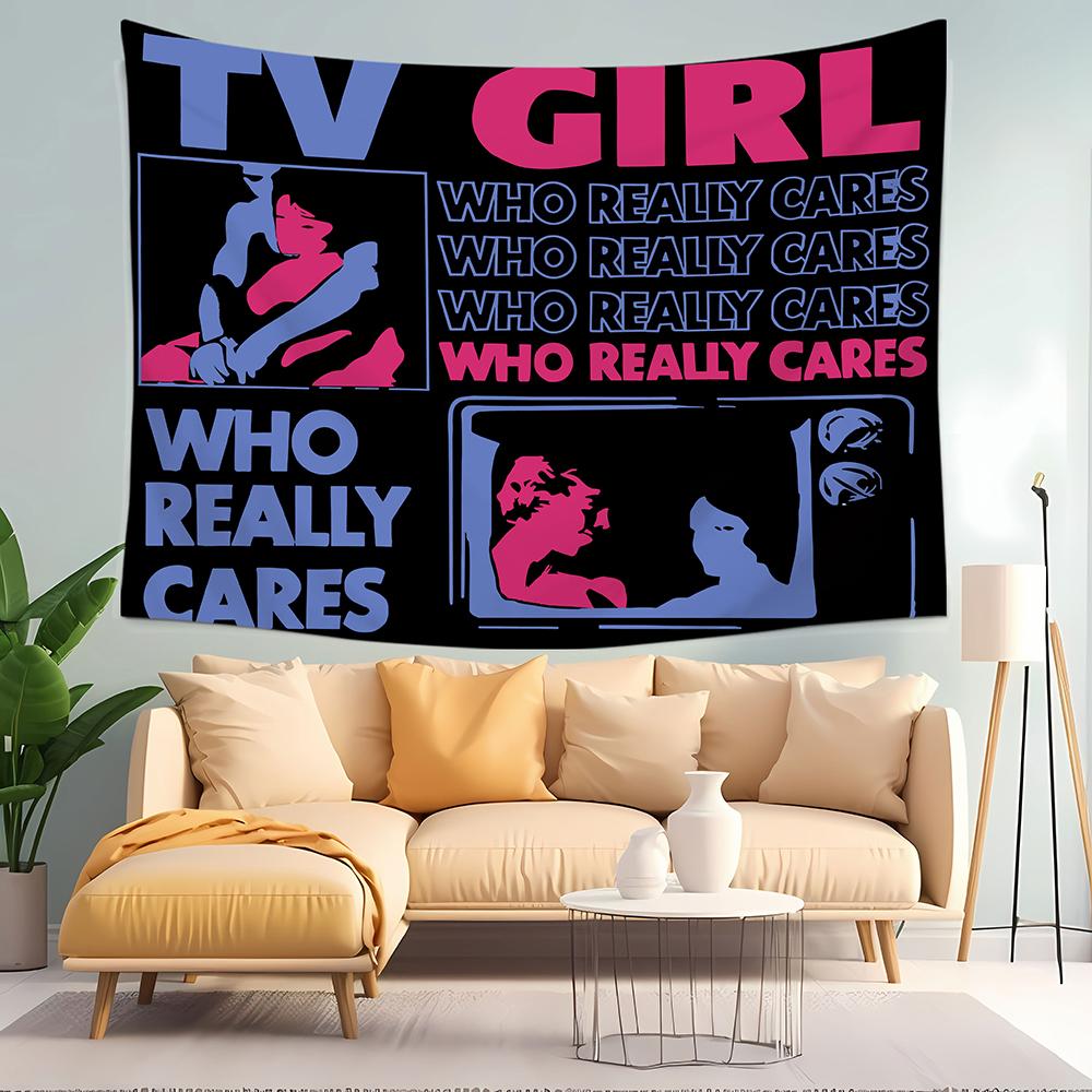 1pc Retro TV Girl "Who Really Cares" Tapestry, Indie Pop Band Aesthetic Wall Hanging, Cool Music Decor for Teens Bedroom & Dorm