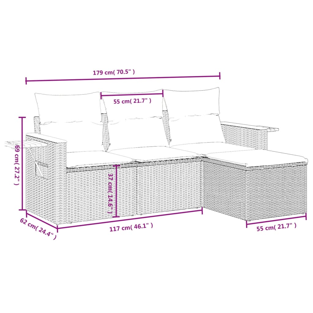 Vidaxl 4-Cz. Garden Furniture Set With Cushions, Beige, Poly Rattan