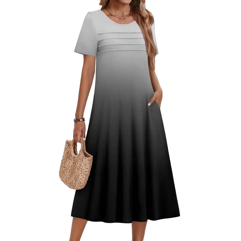 Ladies' Gradient Printed Casual And Fashionable Short Sleeved Round Neck Dress