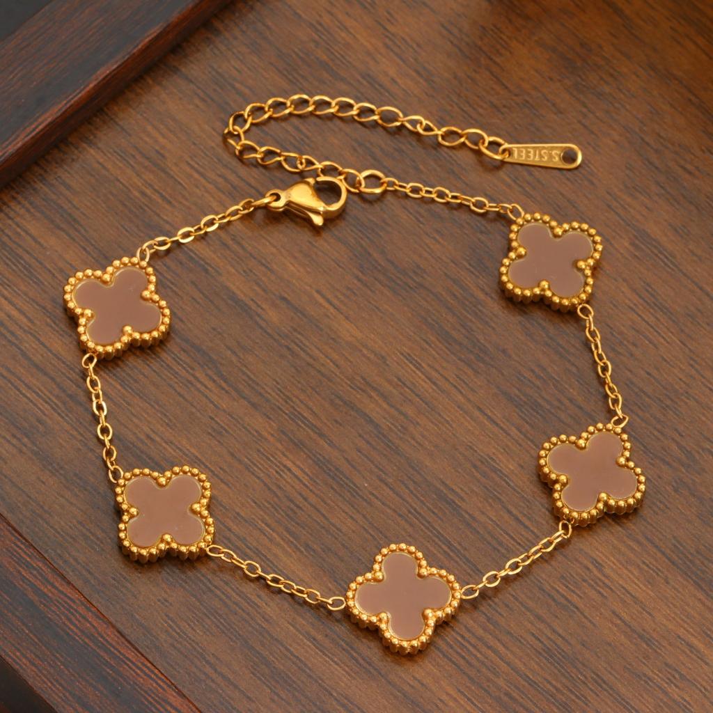 Stal Tytanowa Dwustronna Bransoletka Czterolistna Koniczyna Luksusowa Wykwintna i Modna Damska Bransoleta