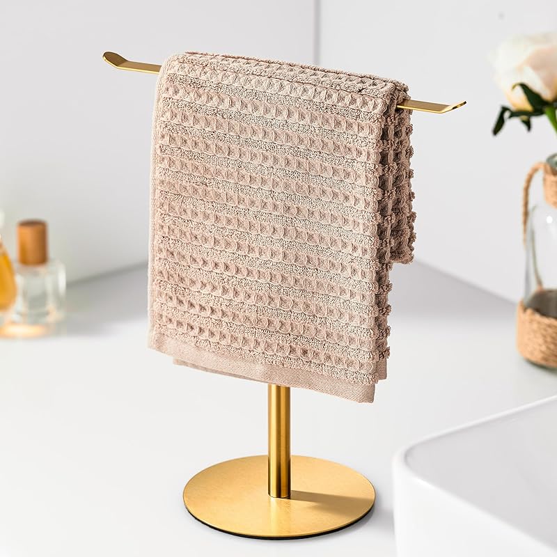 Black Hand Towel Holder Stand – Countertop T-Shaped Stainless Steel Towel Rack with Non-Slip Base for Vanity and Kitchen