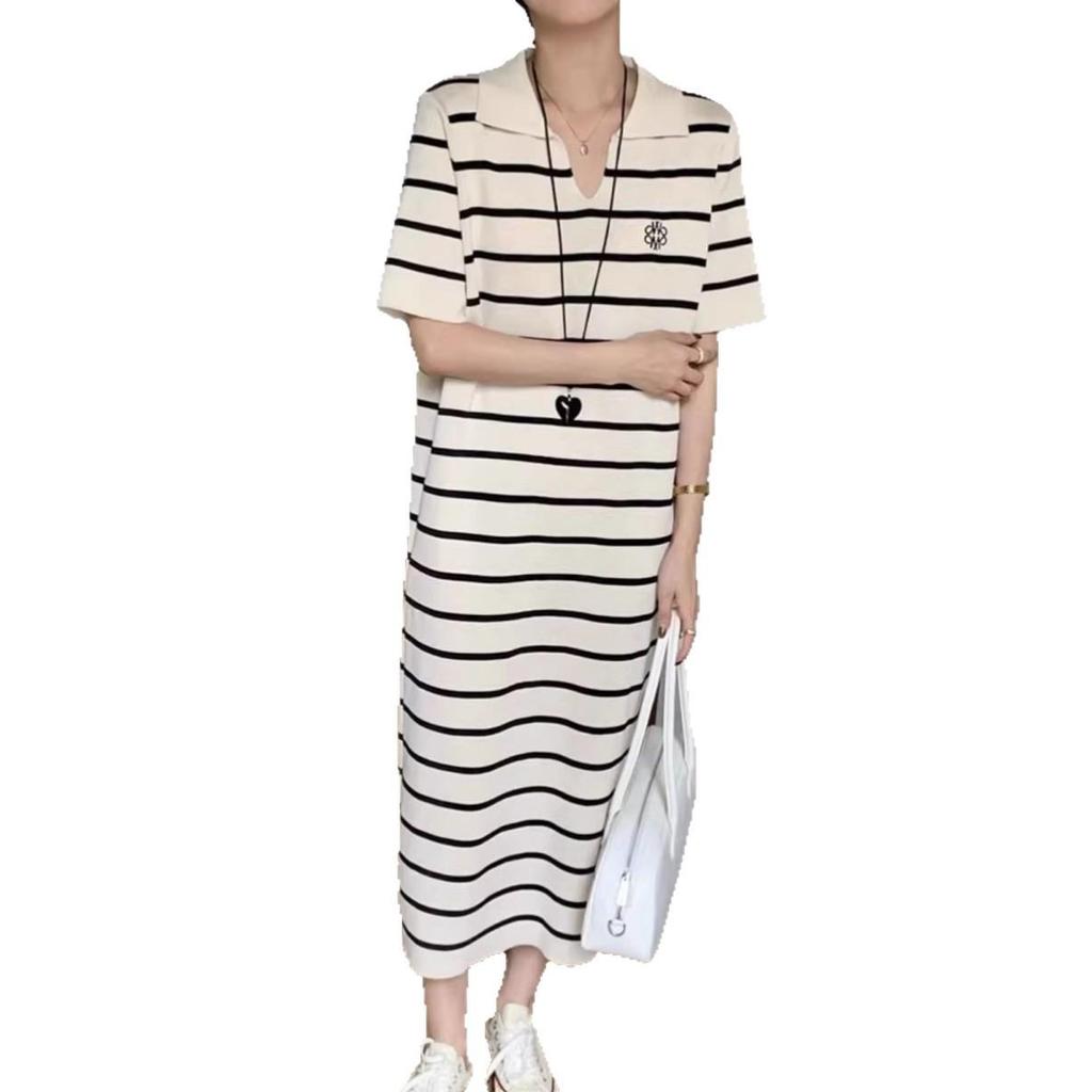 Women's Summer French Stripe Polo Dress - Short Sleeve, Embroidered, Knit, Stylish Loose Fit, Niche H-Line Design, New Arrival