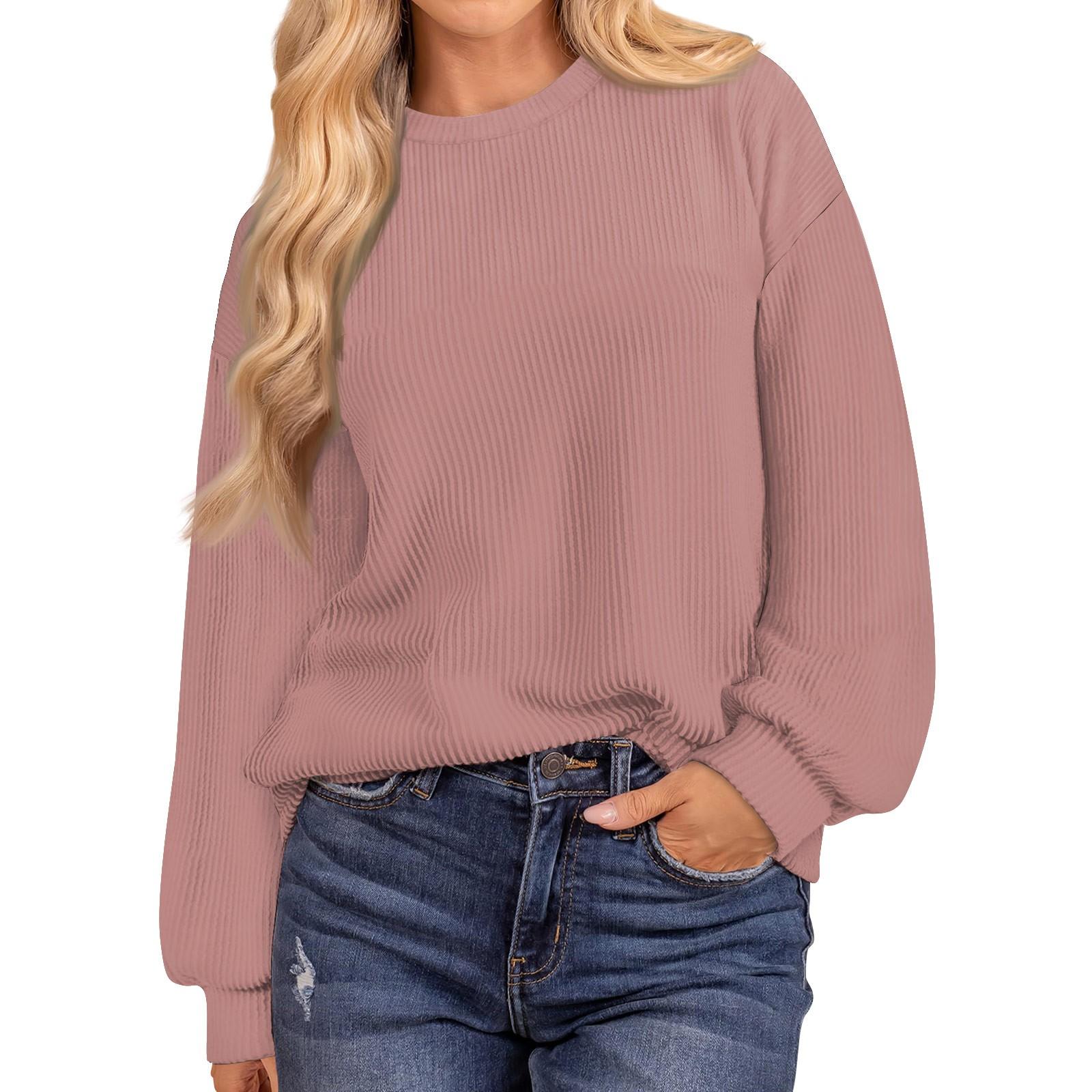 

Женская мода однотонный нитка длинный рукав свободный круглый вырез пуловер топ XL розовый