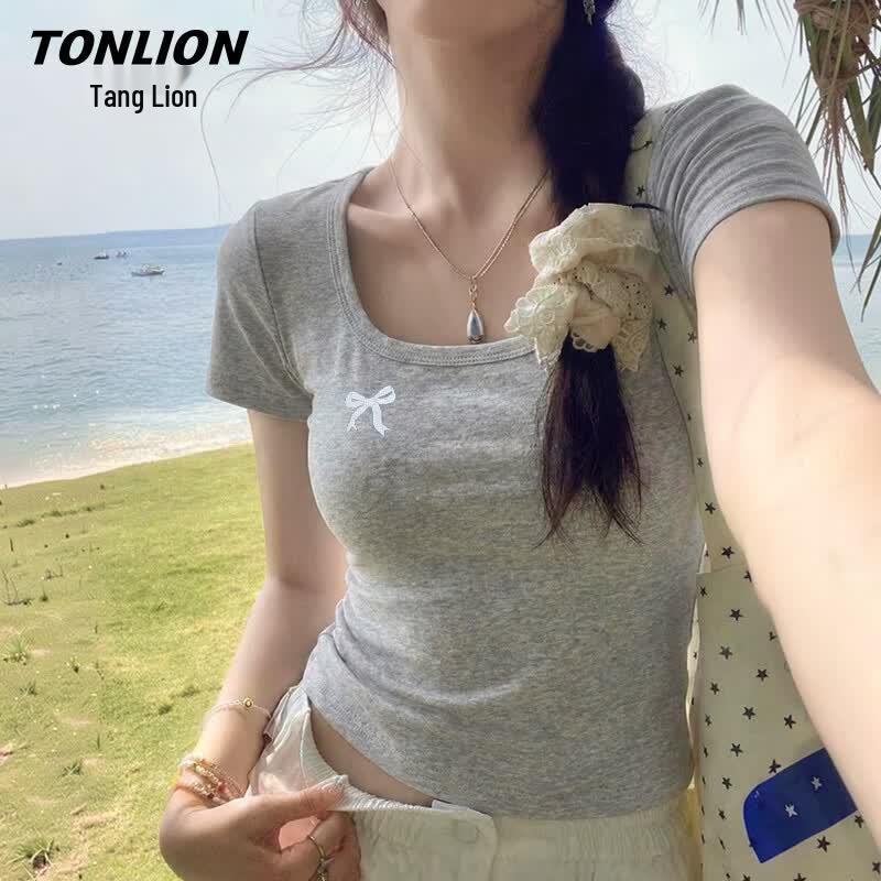 TonLion Women s U-Neck Cropped Slim Fit T-Shirt with Bowknot Pattern XL