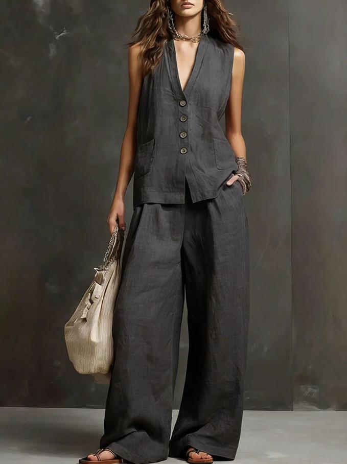 Women Sleeveless V Neck Button Up Vest And Wide Leg Pants Set Casual Loose Fit Linen Blend Two Piece Outfit