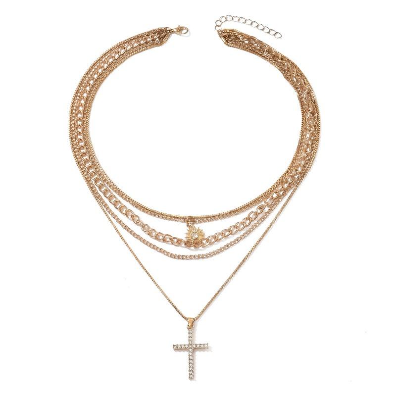 Diamond-encrusted cross necklace jewelry women's multi-layer stacked wearing personalized high-end sun collarbone chain
