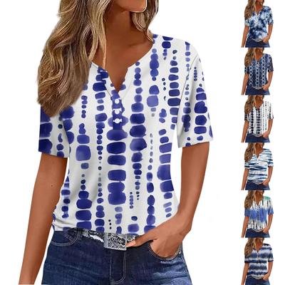 Women's Fashion Casual Tie-Dye Stripe Printed T-Shirt V-Neck Short Sleeve Button Top