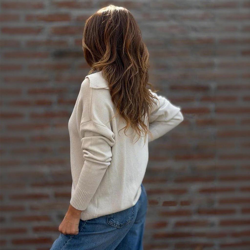 Women's Long Sleeve Sweater with Button Down Collar Loose Fit Color Casual Pullover