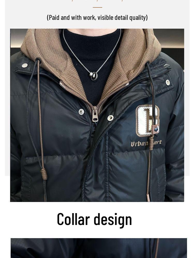 Trendy Brand 2025 Men's Winter Down Hooded Jacket, Faux Two-Piece, High-End Casual Warm Outerwear