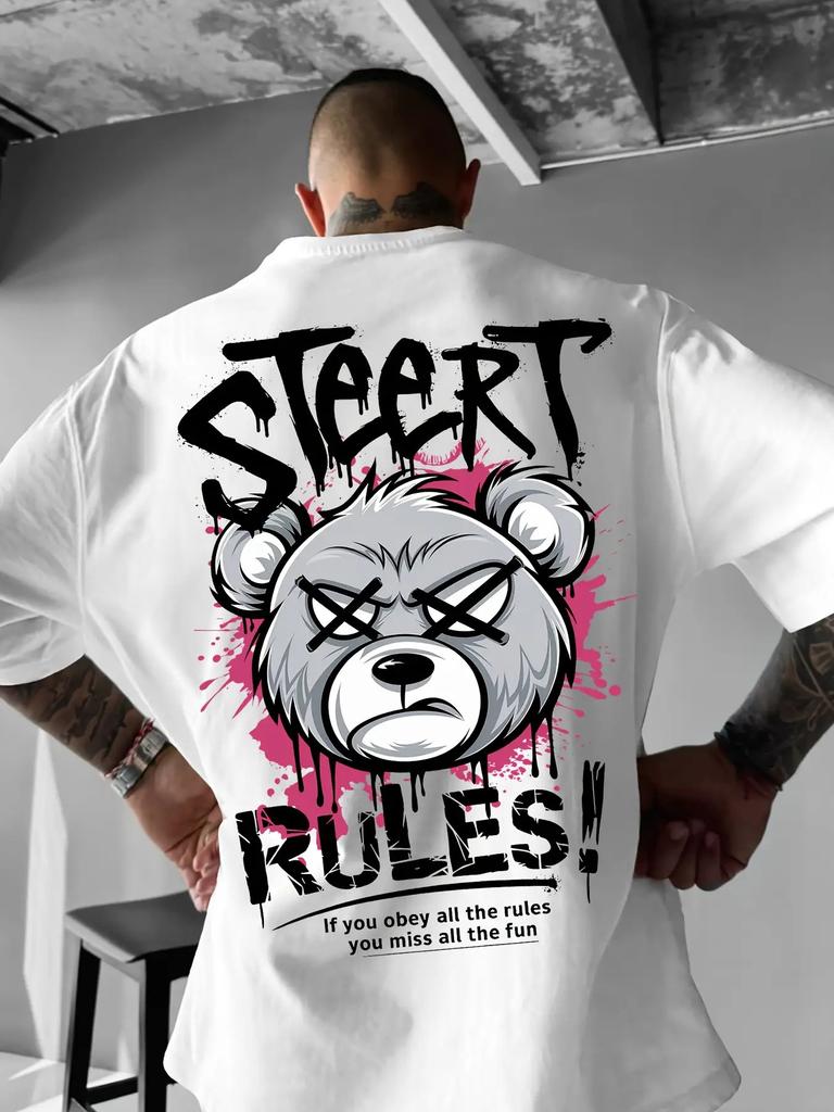 Mens Fashion Summer Angry Bear Letter Print Comfortable Breathable Round Neck Tshirt Outdoor Street Style Top