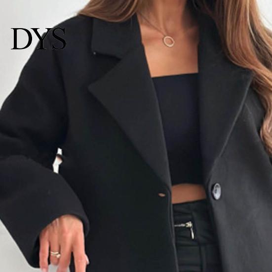 Short Style Jacket Women Woolen Turn-down Collar Solid Color Single Button Closure Coat Loose Fall Type Thermal Long Sleeved Commuting Dating