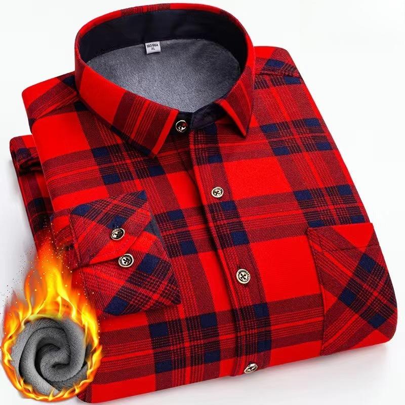Men's Fleece Lined Plaid Shirt, Long Sleeve Button-Up Square Collar Shirt, Regular Fit Thermal Winter Pocket Detail Top
