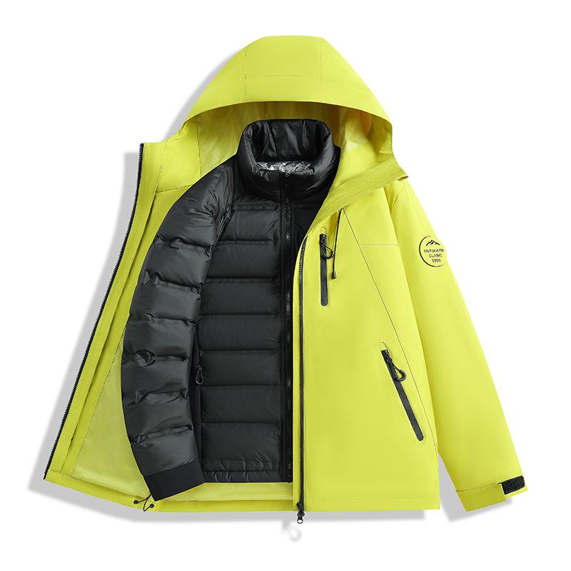 Men's and Women's Custom Outdoor Two-Piece Jacket Set: Three-in-One Shell with 90% Duck Down Lining and Print Logo.