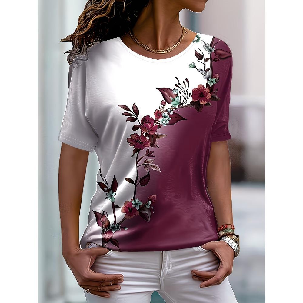 

Lady T Shirts Crew Neck Short Sleeve Gradient Purple Flower Branch Print T Shirt Women s Outfits Casual Streetwear Cool Clothes M
