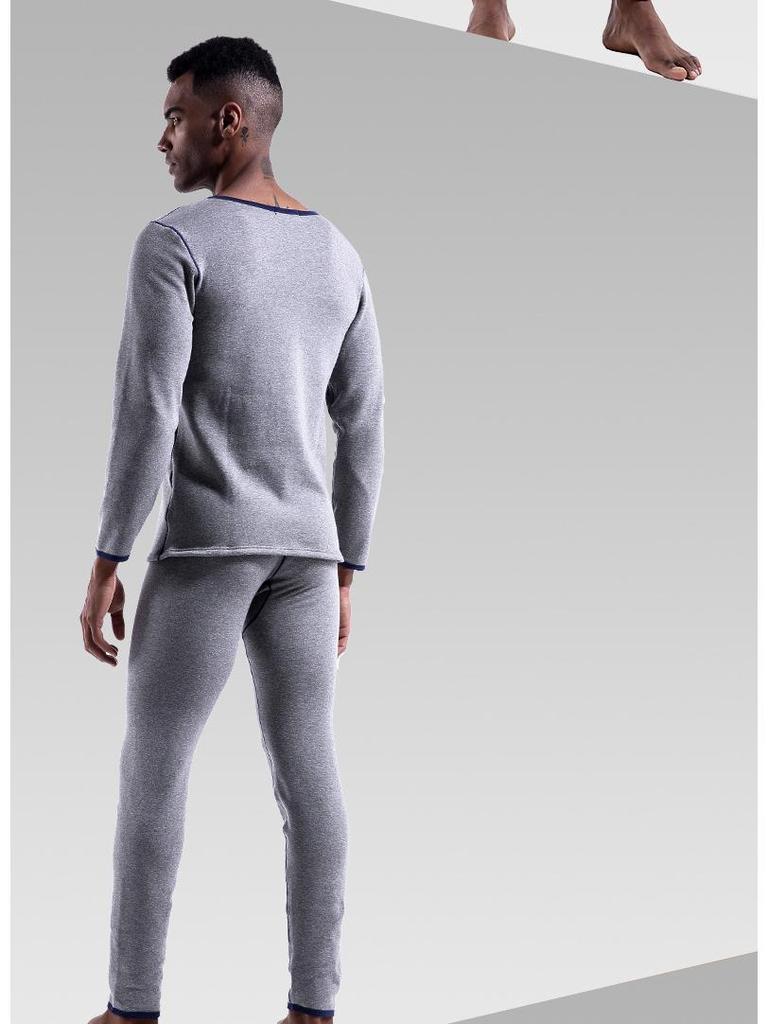 Thermounterwäsche-Set für Herren: Rundhals, V-Ausschnitt, Samtgefüttert, Kältefest, Herbst/Winter Baumwollpullover und Hose.