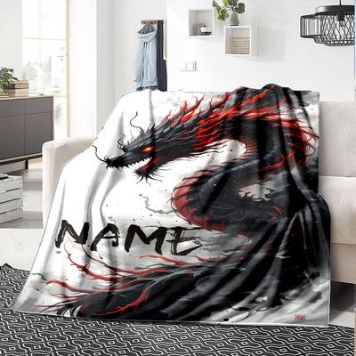 Dragon With Fiery Red Accents And Intense Red Eyes Surrounded By Dark Smoke And Dynamic Energy Throw Personalized Blanket Customize Your Name
