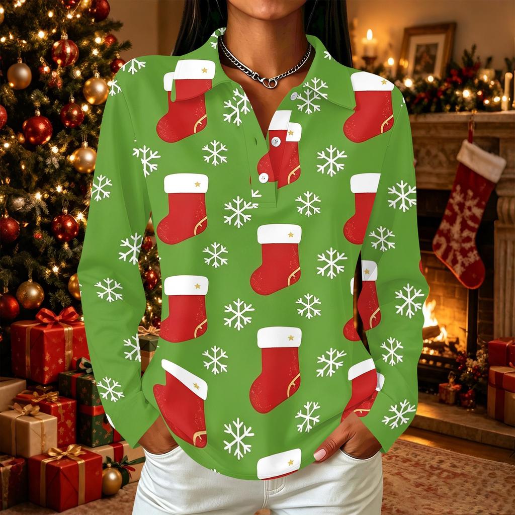 Women's Casual Christmas Print Button Down Long Sleeve Shirt with Collar and Side Slits