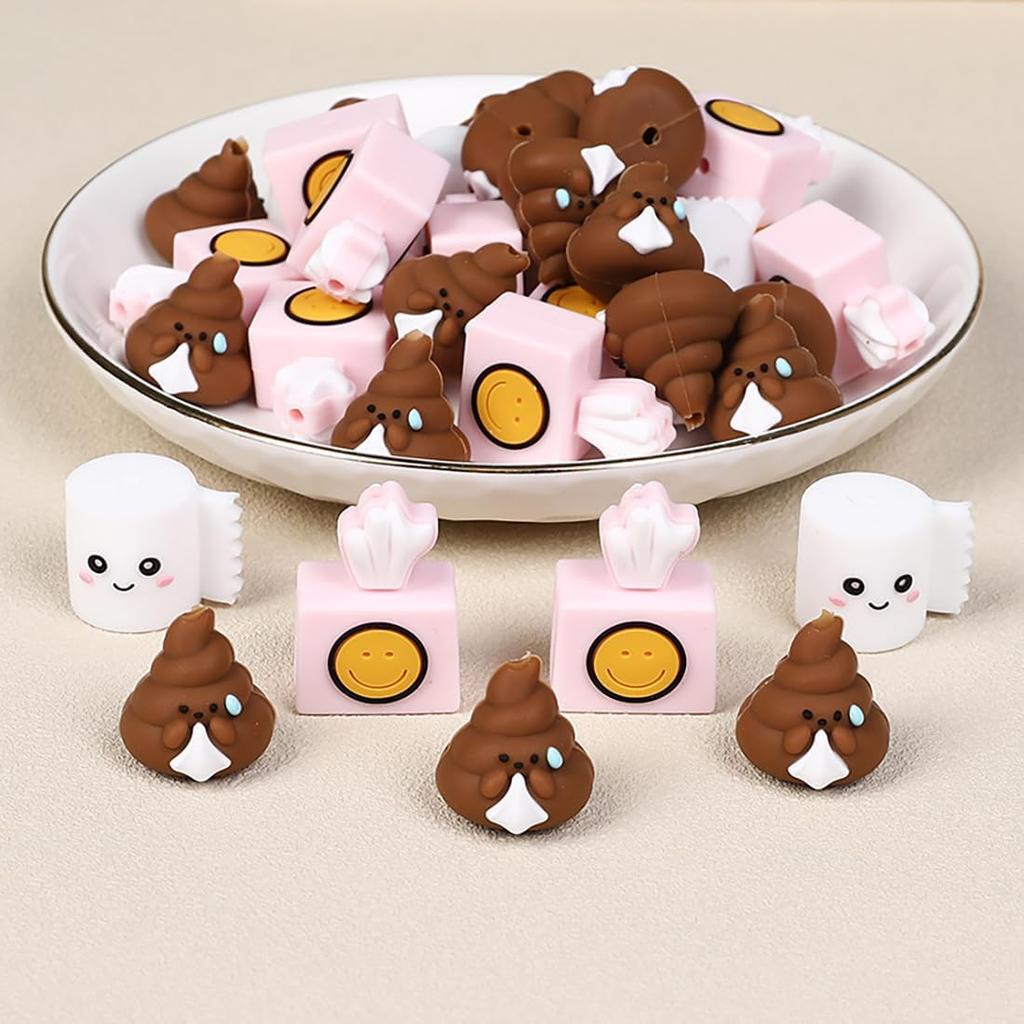 18Pcs Poop Silicone Focal Beads, Funny Cartoon Silicone Beads, Loose Silicone Spacer Beads, Large Hole Rubber Shaped Beads, for Jewelry Making DIY