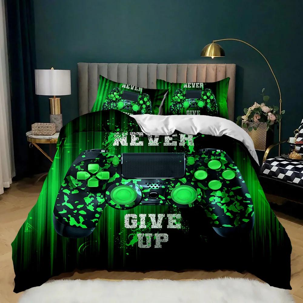 Gamepad Duvet Cover Set Twin King Size Polyester Gaming Comforter Cover Gamer Decor for Teen Boys Green Neon Gamepad Bedding Set
