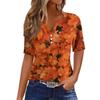 Women's Casual V-Neck Short Sleeve T-Shirt with Fall Leaf Print and Decorative Buttons