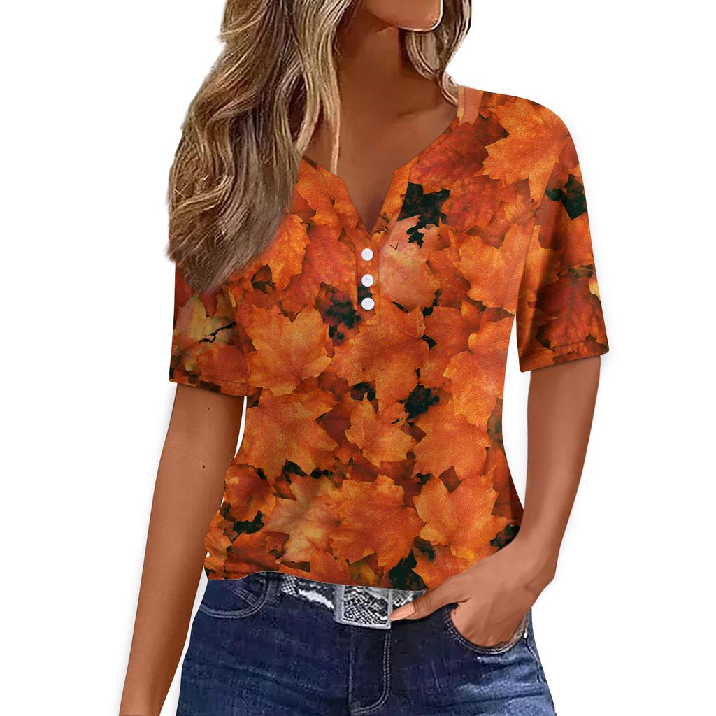 Women's Casual V-Neck Short Sleeve T-Shirt with Fall Leaf Print and Decorative Buttons