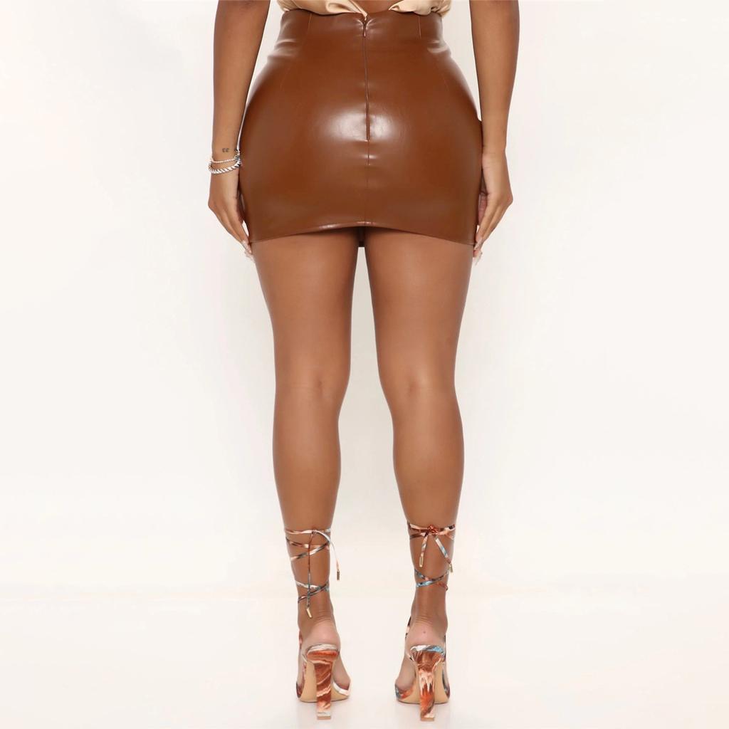 Women's Slim Elegant Sexy Package Hip High Waist Zipper Cross Pleated Skirt Leather Skirt